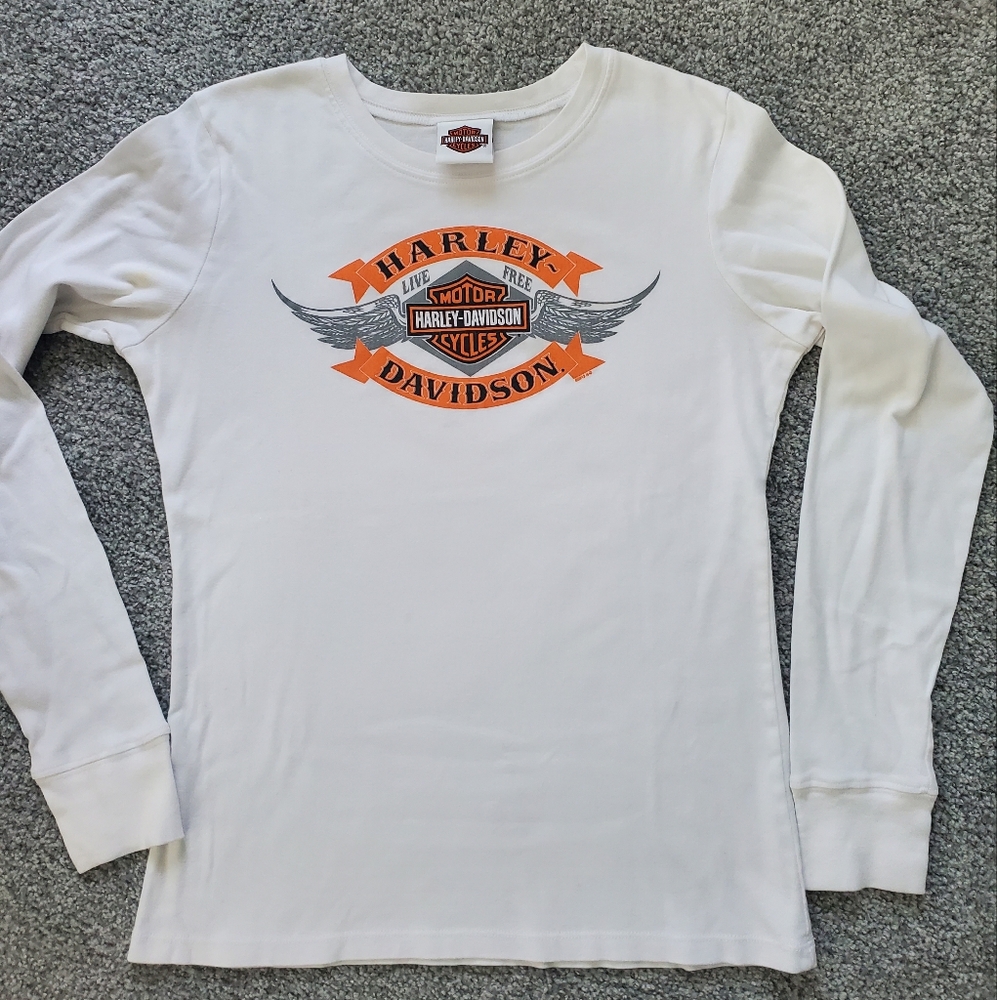 FORT WORTH Harley-Davidson White and Orange Logo Long Sleeve SZ XL
